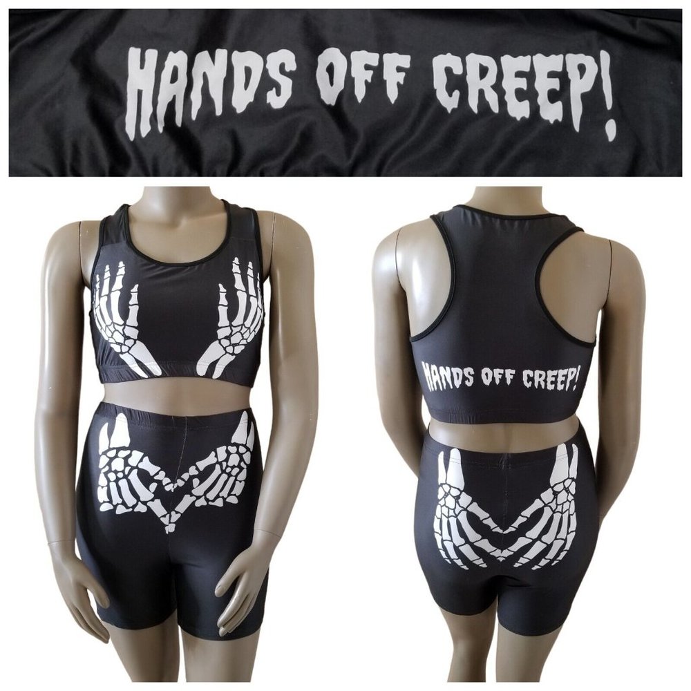 Skeleton Hands Off Creep! Racerback Crop Top Shorts Women 1X Black White GOTH